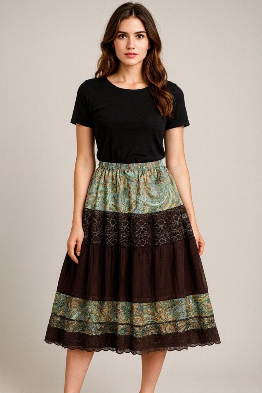 Spencer Jeremy Lace Silk Tiered Hippie Skirt Women's M Multicolor Boho Peasant